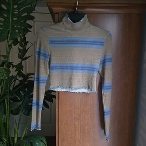 Urban Outfitters Tan and Blue Cropped Long Sleeve Mock Or Turtle Neck Shirt